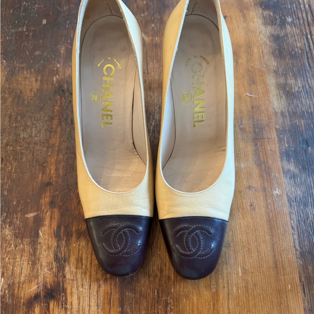 CHANEL Cream and Brown Heels